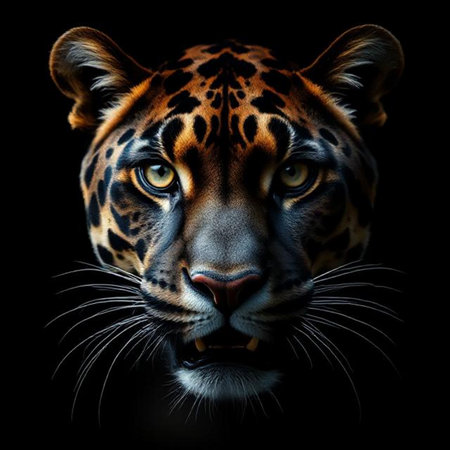 Portrait of a big cat, Panthera on a black backgroundの素材