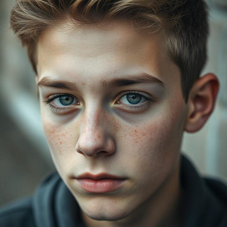 Portrait of a boy with freckles on his face.の素材