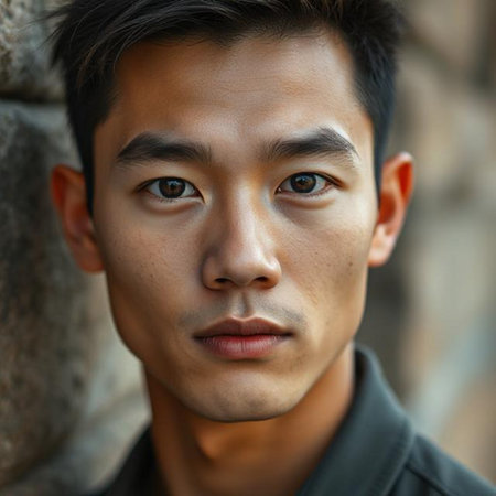 Portrait of young Asian man looking at camera with serious expressionの素材