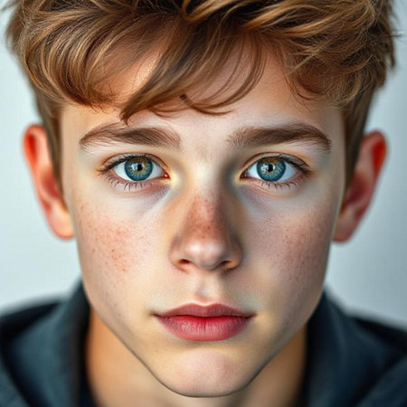 Portrait of a young boy with blue eyes. Studio shot.の素材