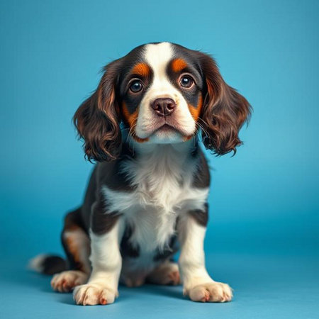 Cavalier King Charles Spaniel puppy sitting on blue background.の素材
