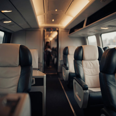 Interior of a modern passenger plane with empty seats and lights.の素材