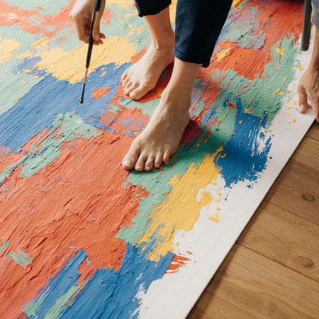Painting Home Renovation Decoration Concept. Close up of woman's feet with paintbrushの素材