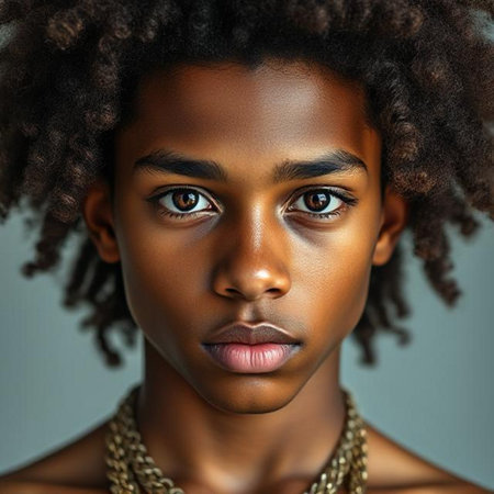 Portrait of a beautiful African American woman with afro hairstyleの素材