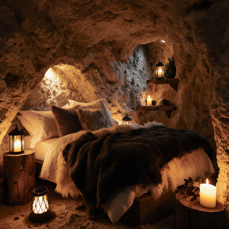 Interior of a cave with a bed and candles in the foregroundの素材