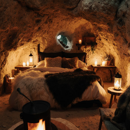 Bedroom interior in a cave with candles and a wooden bed.の素材