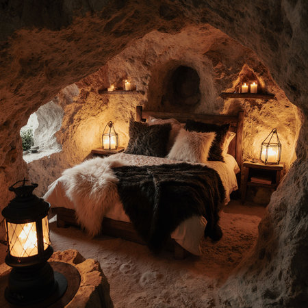 Interior of a hotel room in a cave with bed and lampの素材