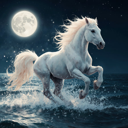 White horse running in the sea and full moon in the night skyの素材