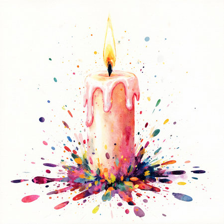 Watercolor illustration of a burning candle on a white background with watercolor splashesの素材