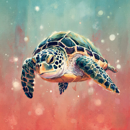 Watercolor illustration of a green sea turtle on a colored background.の素材