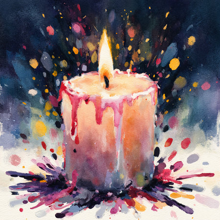 Watercolor painting of a burning candle with watercolor splashes.の素材