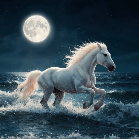 White horse running in the sea at full moon night. 3d renderingの素材