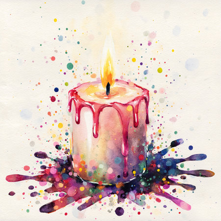 Watercolor illustration of a burning candle with watercolor splashes.の素材