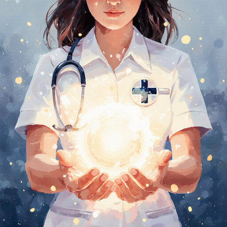 Digital composite of Woman doctor holding a glowing light bulb in her handsの素材