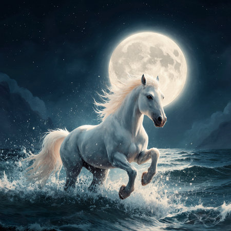 White horse in ocean at full moon light. Fantasy landscape. 3D renderingの素材
