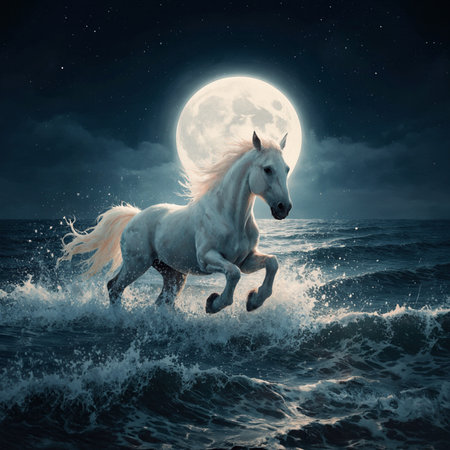 White horse running in the sea with full moon in the background.の素材