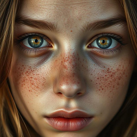 Portrait of a young girl with freckles on her faceの素材