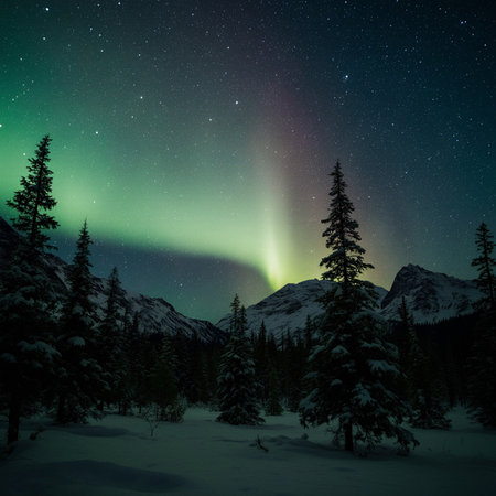 Aurora borealis, northern lights in the mountains in winterの素材