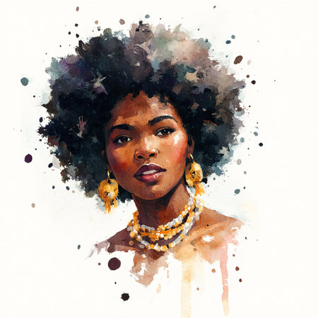 Portrait of a beautiful African American woman. Digital watercolor paintingの素材