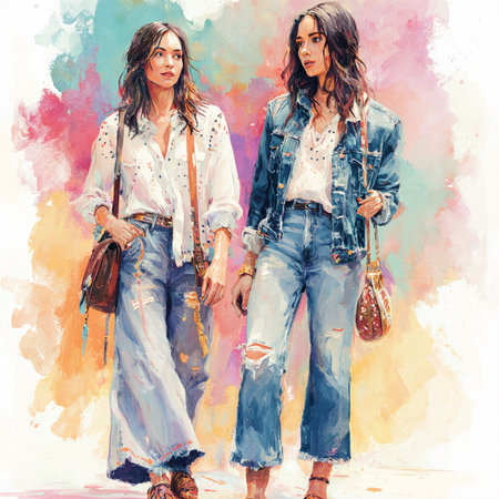 Two fashionable women in jeans clothes with handbag. Watercolor painting.の素材