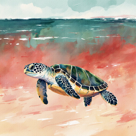 Watercolor illustration of a sea turtle on the seashore.の素材