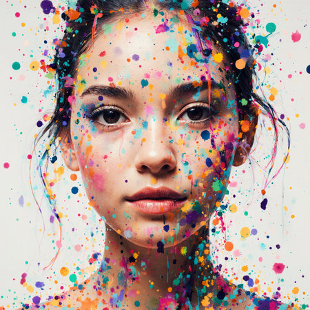 young pretty asian woman close up portrait with colorful paint splashesの素材