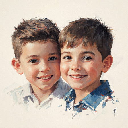Digital watercolor painting of a boy and a girl smiling at the cameraの素材