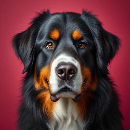 Portrait of a Bernese mountain dog on a pink background.の素材