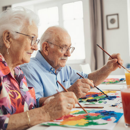 Portrait of happy senior couple painting with watercolors at homeの素材