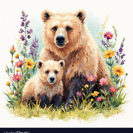 Watercolor illustration of two bears and wildflowers on white backgroundの素材