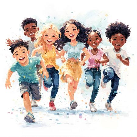 Group of happy kids running together, watercolor painting on white backgroundの素材