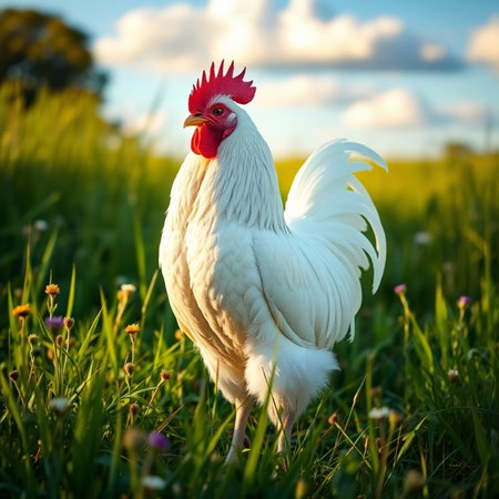 White rooster on a green meadow in the rays of the setting sunの素材