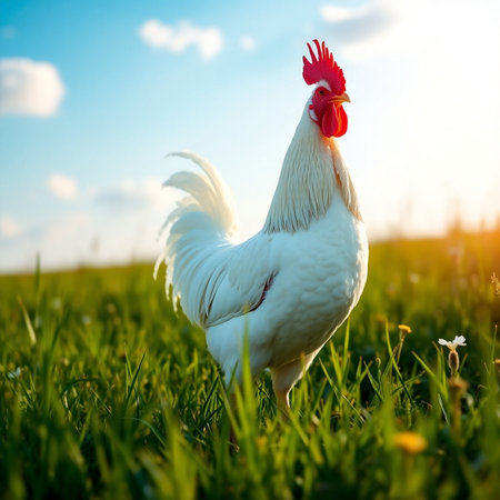 White rooster on a green meadow in the rays of the setting sunの素材