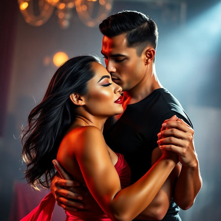 Beautiful young couple dancing tango in a nightclub. Love and passion.の素材