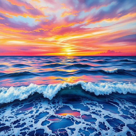 Beautiful seascape. Colorful sunset over the sea.の素材