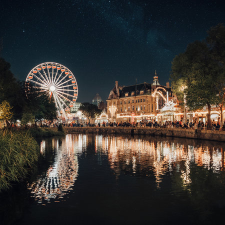 Night view of Amusement park in Amsterdam, Netherlandsの素材