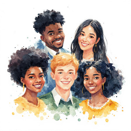 Watercolor portrait of a group of happy smiling multiethnic people.の素材