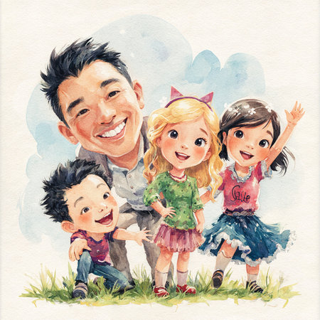 Happy family. Father, mother and children. Watercolor illustration.の素材