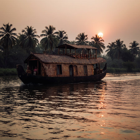 Traditional wooden boat on the river at sunset, Kerala, India.の素材