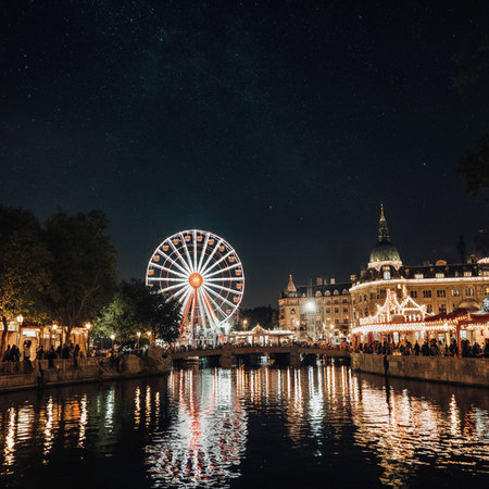Amusement park in Paris at night with starry sky and milky wayの素材