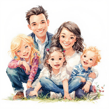 Happy family of four sitting on the grass. Watercolor illustration.の素材