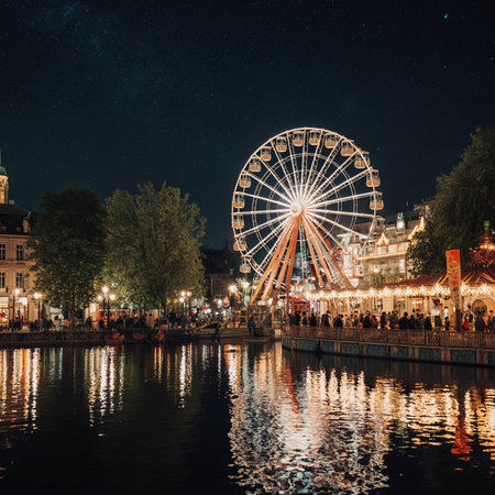 Amusement park in Paris at night with starry sky.の素材