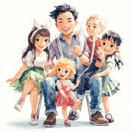 Happy family. Father, mother and children. Watercolor illustration.の素材