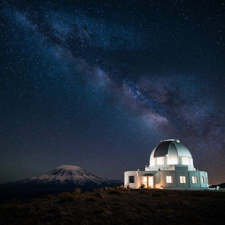 Astronomical Observatory at night with starry sky and Mt. Fuji.の素材
