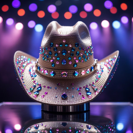 Close-up of a cowboy hat on a nightclub party with a colorful bokeh.の素材