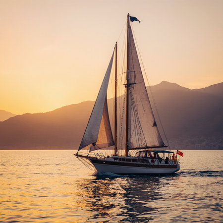 Sailing yacht in the Adriatic Sea at sunset, Montenegroの素材