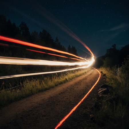 Long exposure of light trails on the road in the forest at nightの素材