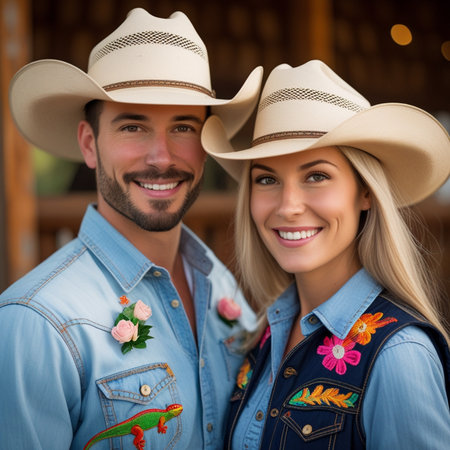 Portrait of a happy young couple wearing cowboy hats at the ranchの素材