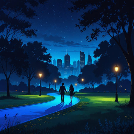 Vector illustration of a couple walking in a city park at night.の素材