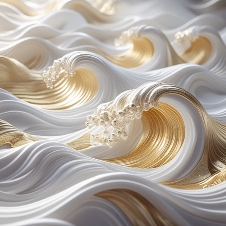 3d rendering of abstract background with waves and lines in white and gold colorsの素材
